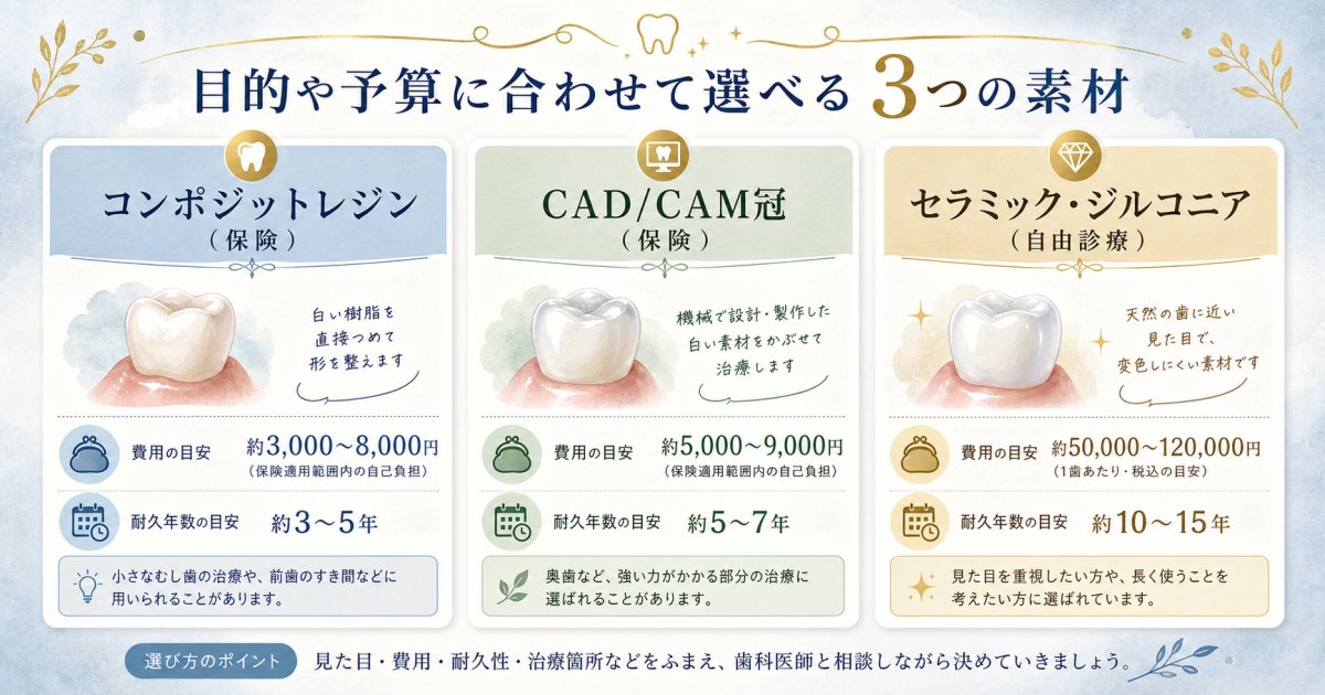 銀歯を白く治す3つの治療法と費用相場・素材ごとの特徴